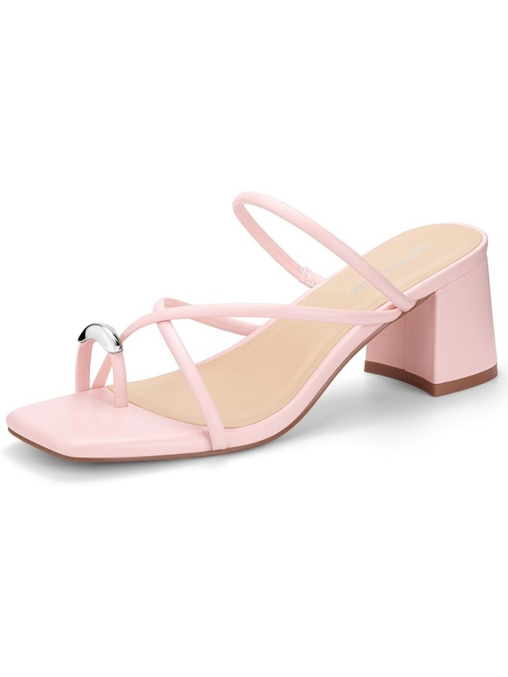 Women's Light Pink Mules Square Toe Ring Strappy Chunky Stylish Block Heels